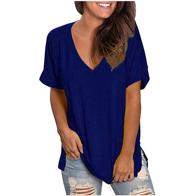 Timegard Tops for Women Drop Shoulder Short Sleeve V Neck Solid Color Summer Casual Comfy Tee Tops