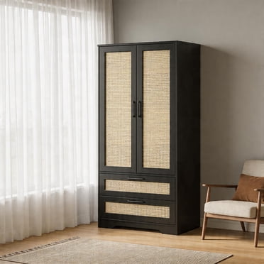 Armoire Garde-Robe en Rotin avec 2 Tiroirs, Armoire de Chambre Style Ferme en Bois, Armoire de Rangement pour Vêtements avec Tringle, pour Chambre
