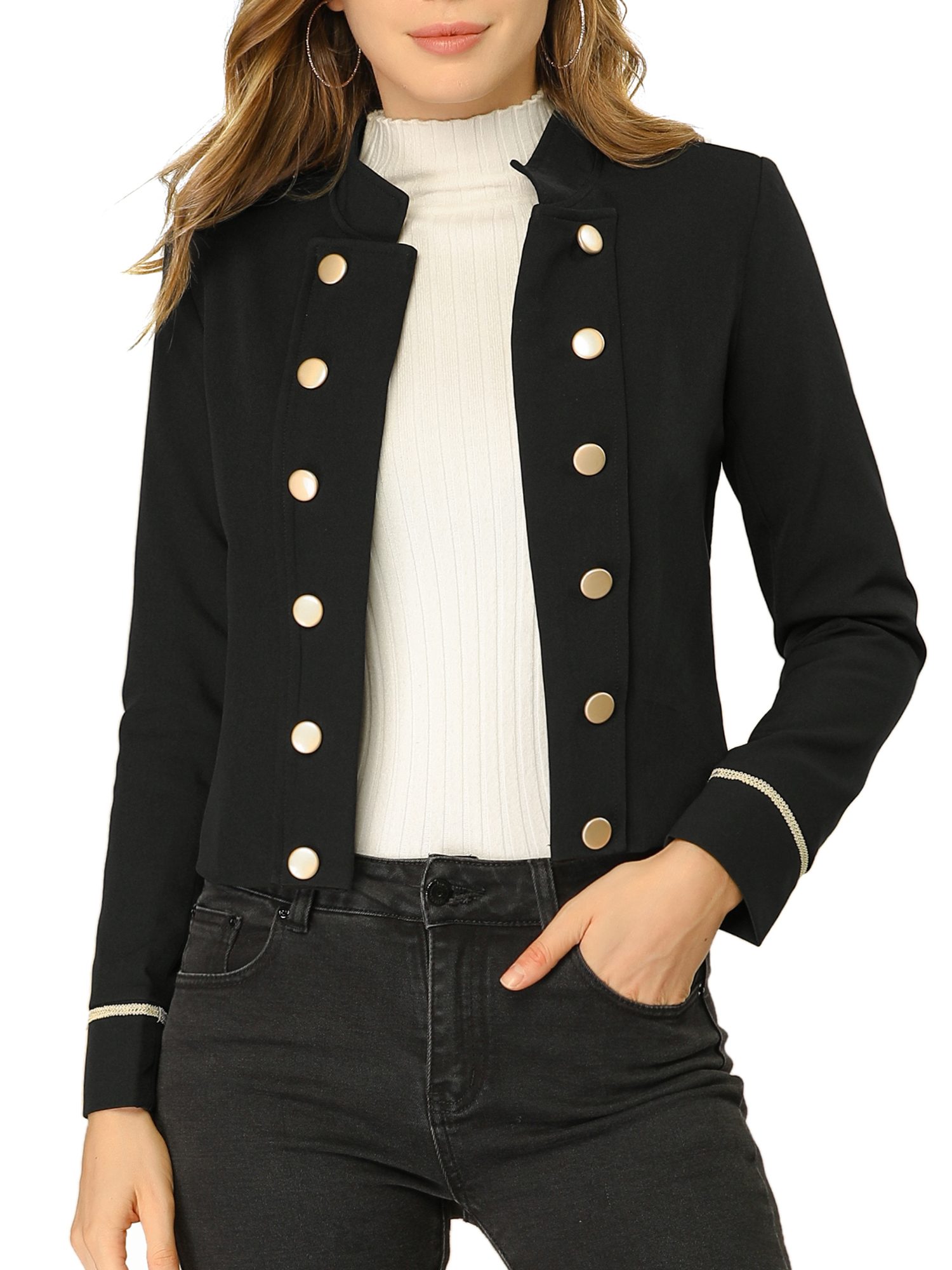 INSPIRE CHIC Women's Stand Collar Open Front Button Decor Casual Steampunk Jacket Black 2XL