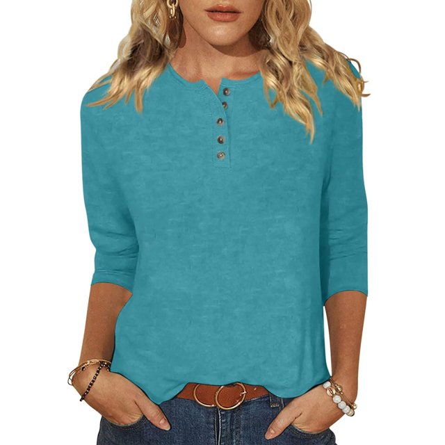 Yuyuzo Womens 3/4 Sleeve Tops Basic Button Crew Neck Solid Color Loose Fitted Tunics Tee Blouses