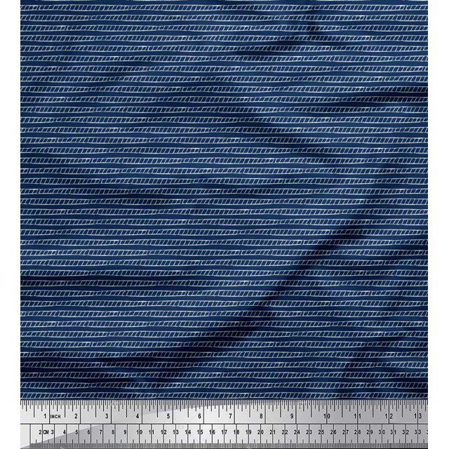 Soimoi Blue polyester Crepe Fabric Stripe Hand Drawn Print Fabric by the Yard 42 Inch Wide