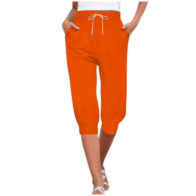 Bmisegm Women's High Waist Drawstring Joggers Capris, Orange, L