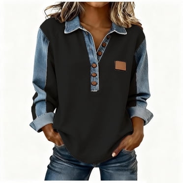JYnXIANTI Women's Denim Shirt Trendy Long-Sleeve Button Henley Shirt Oversized Patchwork Jean Pullover Spring Clothes