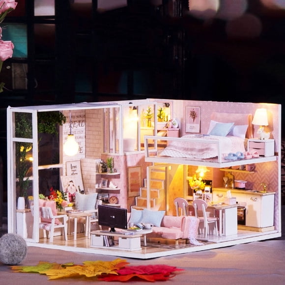 Mini Dollhouse Kit, Wooded 1/24 Miniature Dollhouse LED Light Furniture Doll House Kit DIY Adult Kids