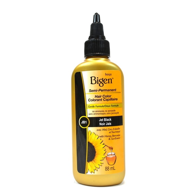 Bigen Semi-Permanent Hair Colour in Jet Black, 88 mL gold squeeze bottle with black nozzle cap, featuring a gentle, ammonia- and peroxide-free formula enriched with honey, beeswax, and sunflower for soft, shiny hair and long-lasting colour.