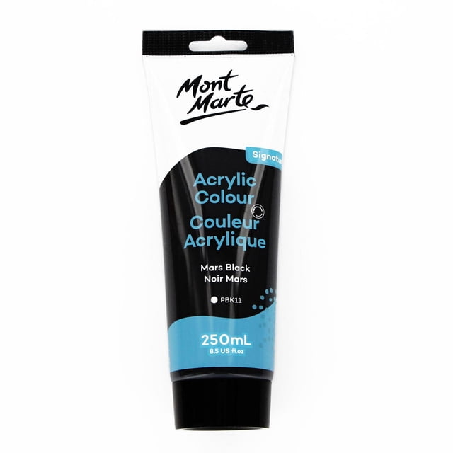 MONT MARTE Acrylic Colour Paint Mars Black in a 250 mL (8.5 US fl oz) squeeze tube with black, white, and blue packaging. This water-based acrylic paint offers quick drying and smooth coverage, ideal for canvas, paper, and wood surfaces in art painting supplies.