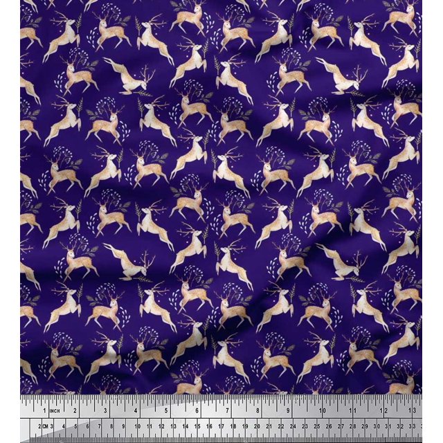 Soimoi Poly Georgette Fabric Leaves & Reindeer Animal Print Fabric by the Yard 42 Inch Wide