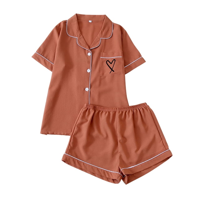 cfhntfmh Womens Pajama Sets Pj Set Cute Heart Print Short Sleeve Button down Shirt with Shorts 2 Piece Pjs Set