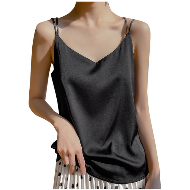 Besolor Women's Silk Satin Camisole V Neck Spaghetti Strap Cami Tops Summer Basic Blouse Plus Size