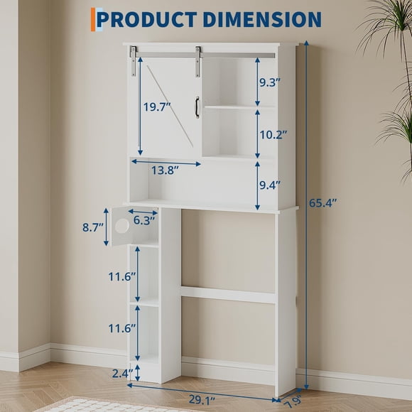 AKDSteel Over Toilet Cabinet, 65.4" Bathroom Storage Organizer With Barn Door And Adjustable Shelves, Space Saving For Toilet Or Laundry Room