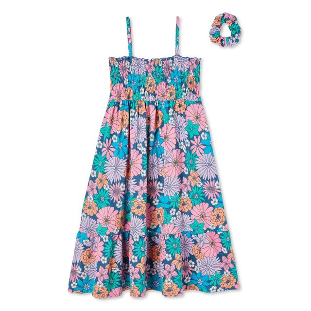 George Ensemble 2 Pcs de Robe Smockée pour Filles avec une Robe en Tricot jersey Sans Manches à Bretelles spaghetti, un Corsage Smocké, un Ourlet à Volants et un Imprimé floral vibrant en Rose, Sarcelle, orange et Violet, Assorti à un Chouchou Assorti, Idéal pour les Tenues Décontractées par Temps Chaud.