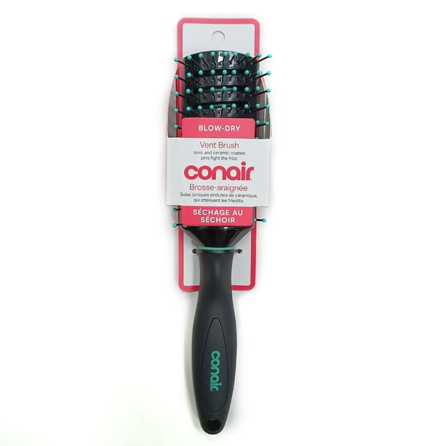 Brushology Vent by Conair, a black vent hair brush with turquoise-tipped ceramic and ionic coated pins that reduce frizz and speed drying by allowing airflow from blow dryers, featuring an ergonomic matte black handle with turquoise Conair branding, suitable for all hair types and lengths.
