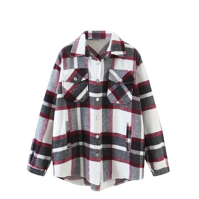 Kmbangi Women Plaid Print Coat, Long Sleeve Button-down Collar Jacket