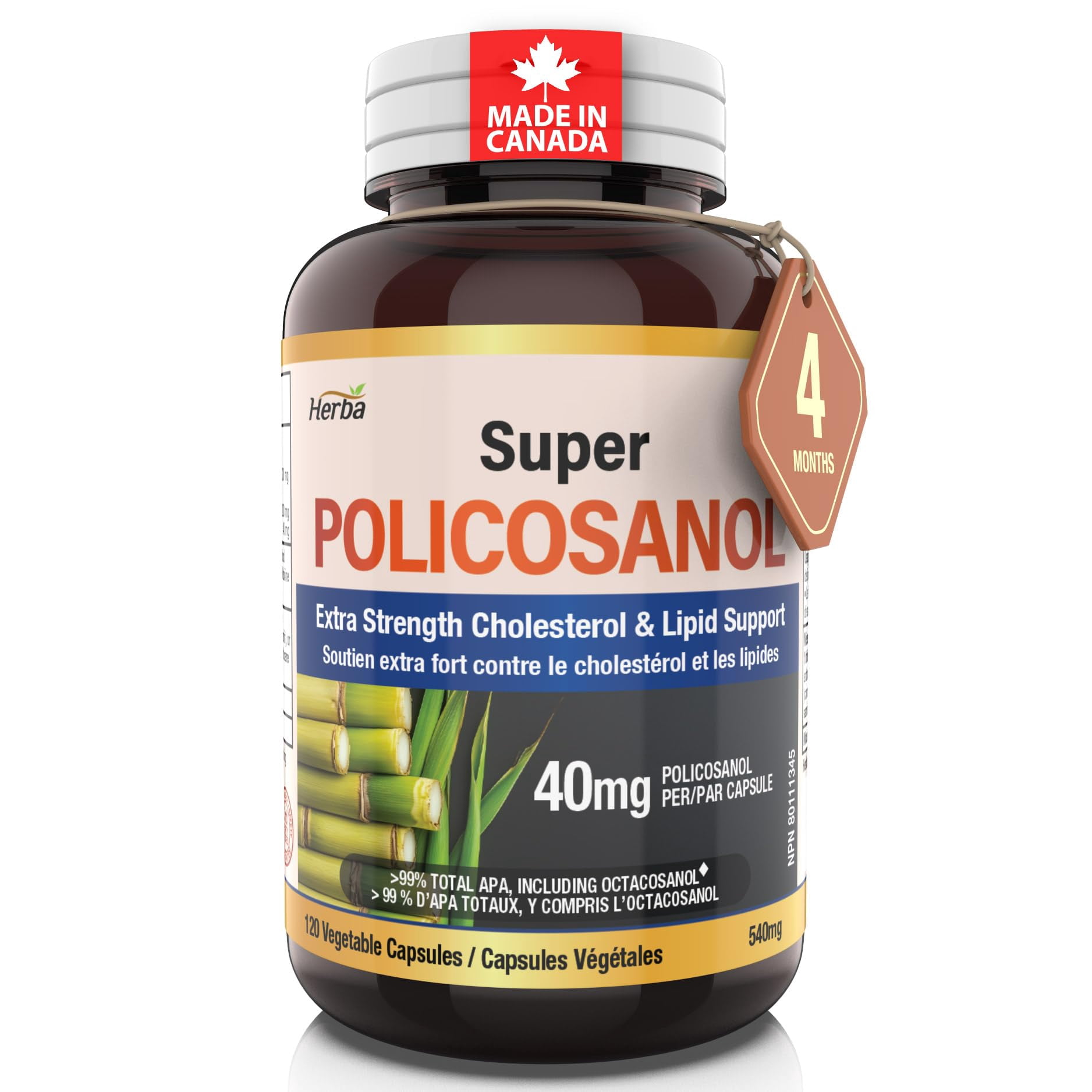 Herba Policosanol 40mg with Fenugreek and Plant Sterol Esters - 120 Vegetable Capsules | Extra Strength | Made in Canada