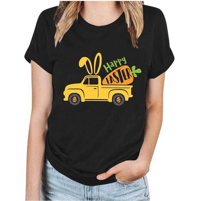 RKSTN Hauts Grande Taille pour Femmes Mode Été 2024 Col Rond Manches Courtes T-shirt Décontracté Ample Imprimé Graphique Voiture de Pâques