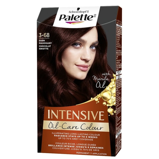 Palette Intensive Oil Care Colour 3-68 Dark Mahogany hair dye box by Schwarzkopf featuring deep dark mahogany brown hair with marula oil for illuminating, long-lasting colour and up to 70% grey coverage, radiance lasting up to 8 weeks.