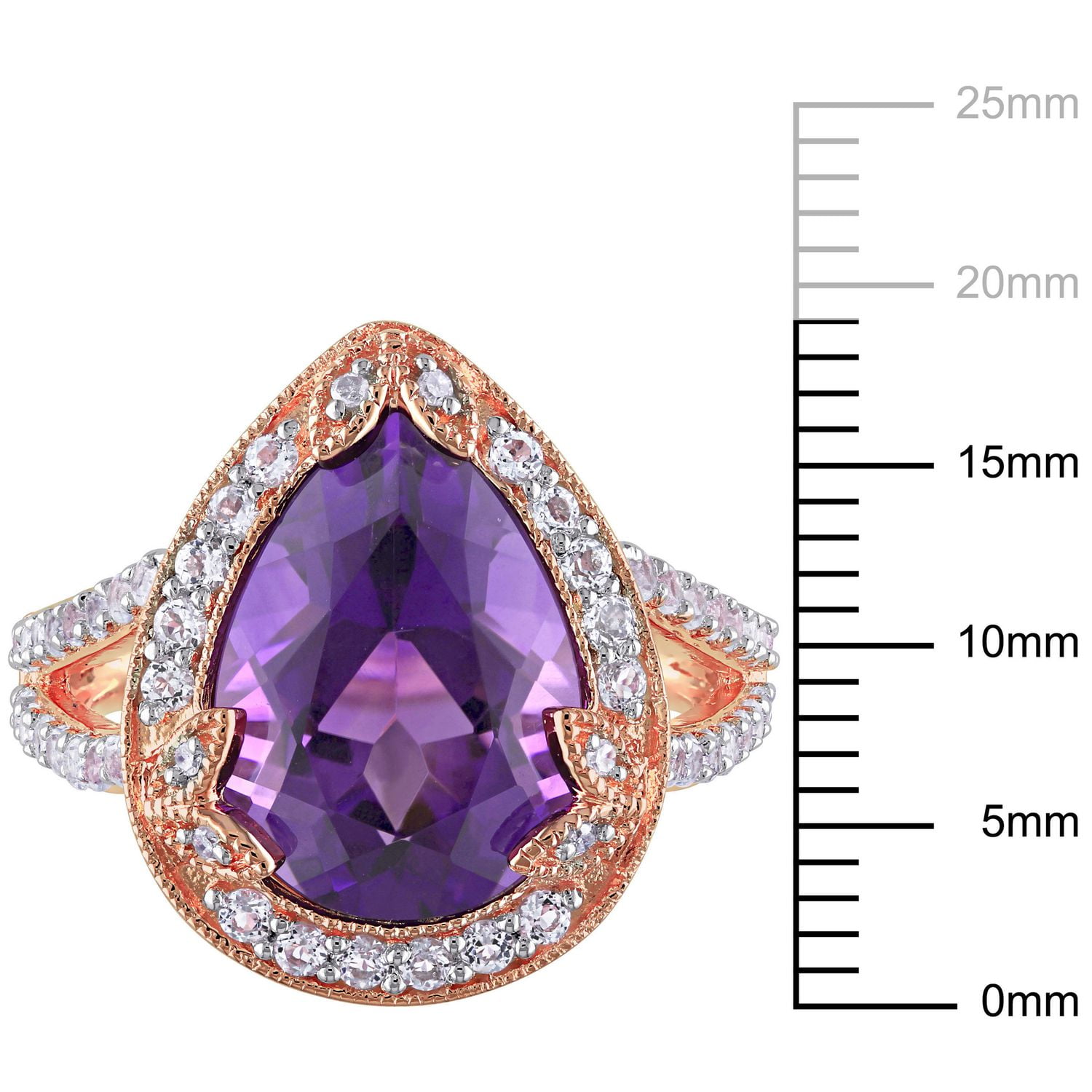 Bague cocktail en forme de larme Tangelo avec améthyste et topazes blanches 5,88 ct PBT et accents de diamants en argent sterling plaqué de rhodium rose