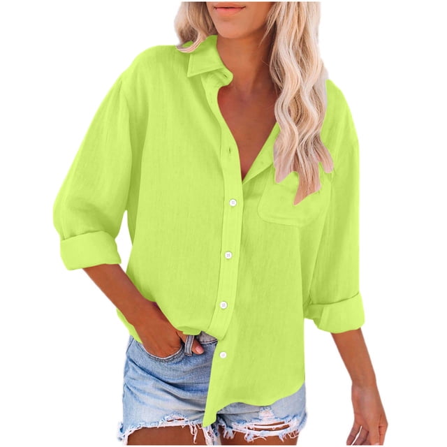 Timegard Chemises Boutonnées pour Femmes en Coton et Lin, Blouse à Col à Revers, Légère, Automne, Décontractée, Ample