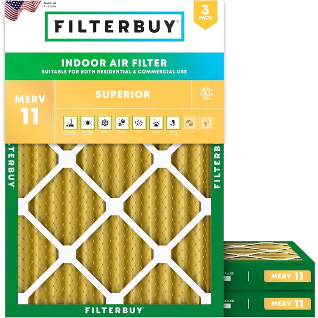 Filterbuy 16x18x2 MERV 11 (MPR 1200) Allergen Defense, Pleated HVAC AC Furnace Air Filters (3-Pack)