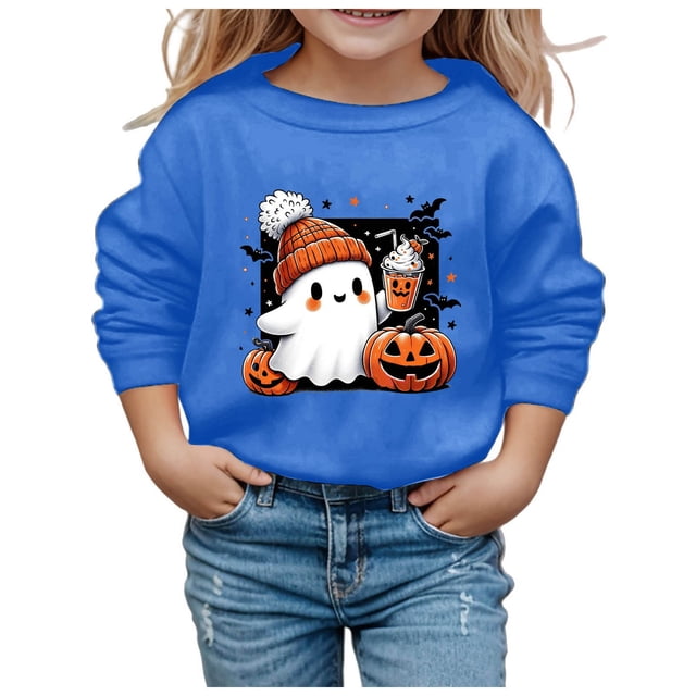 GDREDA Chandails à Capuchon et Chandails pour Filles, Mignons, Imprimés, Col Rond, Manches Longues, Mode d'Halloween pour Enfants, Bleu, 2-3 Ans