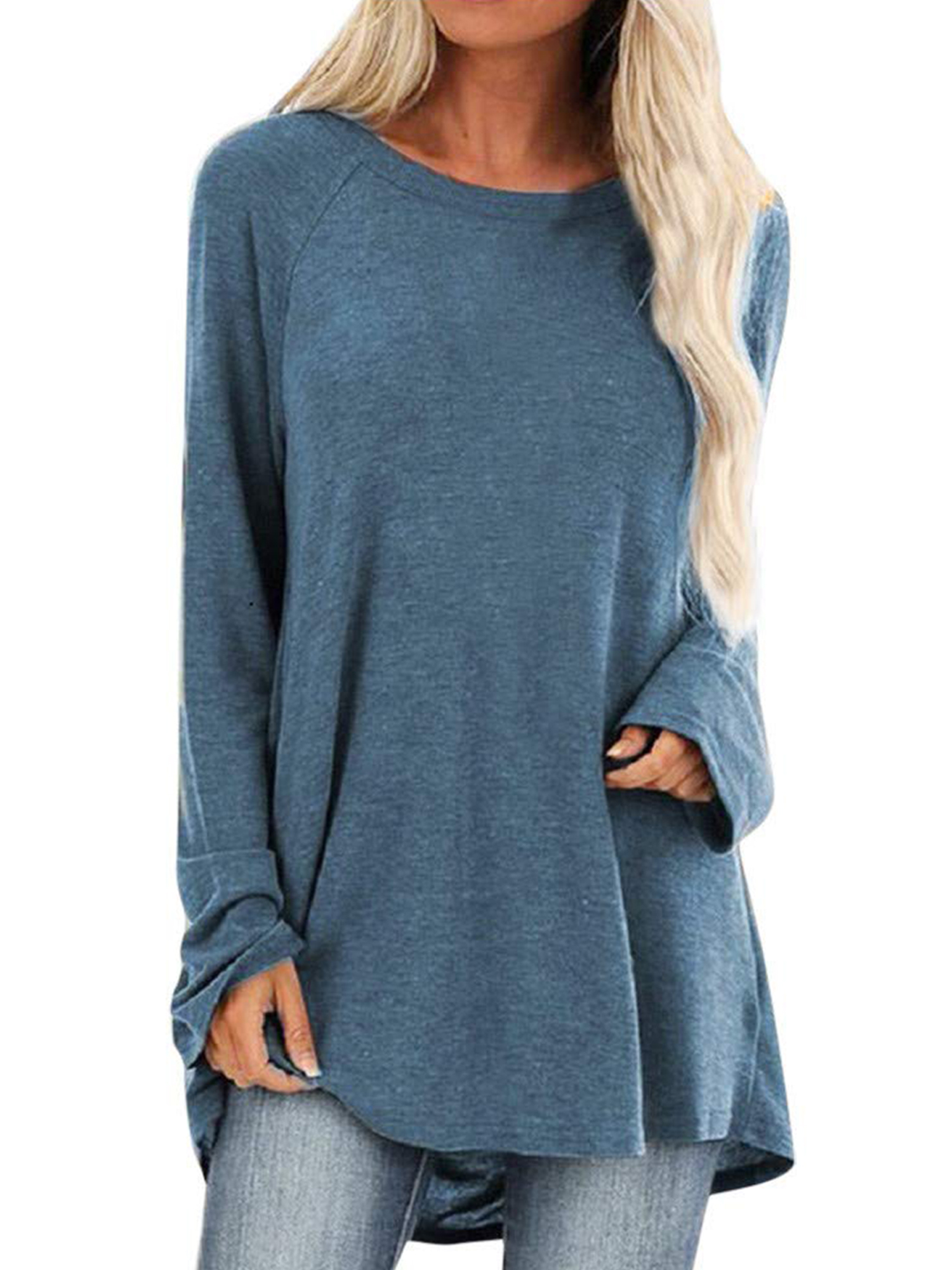 Innerwin T-shirt Col Rond Femme Tee Travail Couleur Unie T-shirt Ample Bleu m