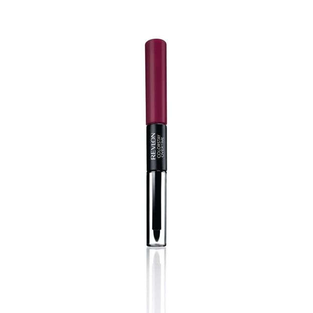 Revlon® Colorstay Rouge à Lèvres Overtime avec design à Double Extrémité Comprenant un Bonnet Bourgogne Profond, une section Centrale Noire avec Texte de Marque Blanc, et un Fond Transparent Affichant un Applicateur à Pinceau Fin, Offrant jusqu'à 16 Heures de Couleur pour les Lèvres Longue Tenue, Sans Traversure et une Finition Lustrée Hydratante, Convient pour un Port Toute la Journée.