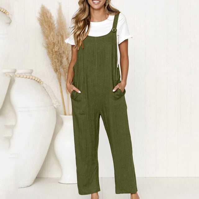 Moxiu Combinaison d'Été en Lin pour Femmes Chic Décontractée Ample Sans Manches Salopette Tablier Coton Lin Pantalon à Jambes Larges Combishort avec Poches Vert,XXXXXL