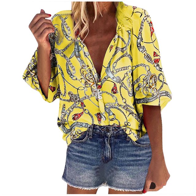 Pompotops Chemisier Mode Femme Col en V Imprimé Floral Manches Longues Ample
