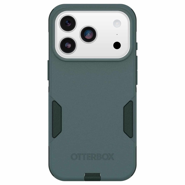OtterBox Commuter MagSafe Case w/Camera Control Sagebrush (Green) for iPhone 17 Pro with a slim dual-layer design in matte sagebrush green, textured side grips, precise cutouts for triple camera lenses and flash, built-in MagSafe magnets, and embossed OtterBox logo, providing rugged drop protection and MagSafe compatibility.