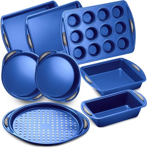 Caliente Nonstick Bakeware Set of 8 | Premium Baking Sheets, Loaf & Bread Baking Pans, Pizza, Roasting & Cake Pans | Durable Carbon Steel Baking Set