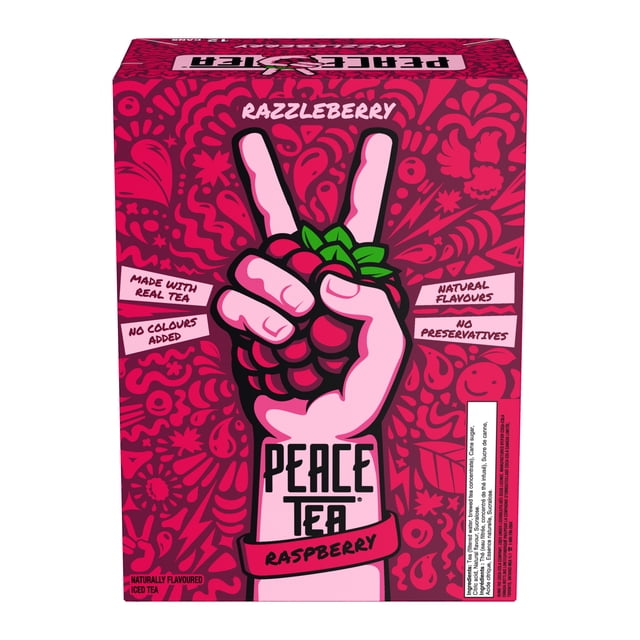 Peace Tea Canettes de Razzberry, 341 ml, Lot de 12 avec une Boîte Rouge et Rose Présentant une Framboise à Tenir à la Main dans un Signe de Paix, Décorées de Motifs de Baies et de Feuilles, Mettant en Valeur des Arômes Naturels, Sans Agents de Conservation, et Faites avec du Vrai Thé, Convenant pour un Plaisir Rafraîchissant de Thé Glacé.