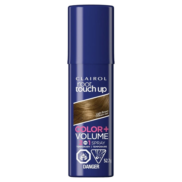Clairol Root Touch-Up Temporary Spray 2in1 in light brown, a navy blue spray can for instant gray root coverage and volume boost with ColorFill Technology, weighing 52.7 grams.