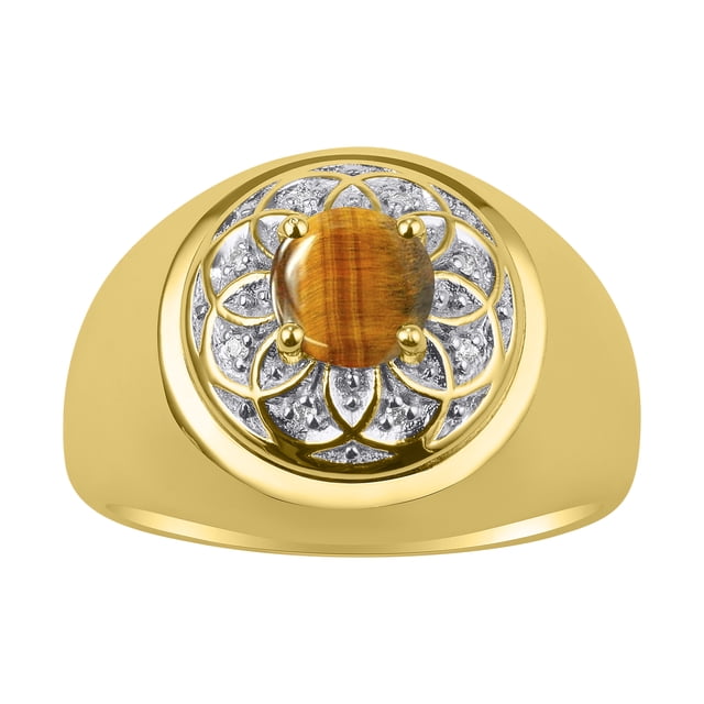 RYLOS Men's Rings 14K Yellow Gold Designer Gypsy 7MM Round Gemstone & Diamond Ring Tiger Eye November Birthstone Size 13