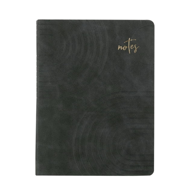 PG BLUE SUEDE MED JOURNAL with a front-facing view of a blue faux suede cover embossed with circular patterns and gold foil 'notes' text on the upper right, measuring 8 by 6 inches with 80 lined sheets, suitable for office and school note-taking and journaling.