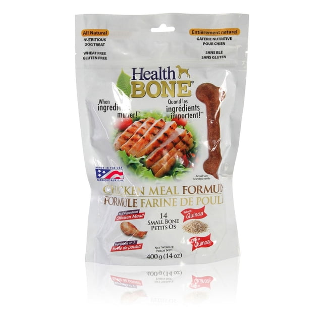 Omega Paw Petit Poulet Health Bone pour Chiens, Sac Refermable de 400 g (14 oz) avec 14 Petites Gâteries pour Chiens en Forme d'Os Faites à Partir de Farine de Poulet et de quinoa, Entièrement Naturelles, Sans Blé et Sans gluten, Texte Bilingue Anglais et Français sur l'Emballage.