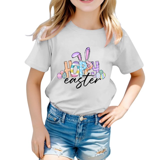 4t Fille Tout-Petit Extra Grand Enfant Filles Pâques Mignon Graphique Col Rond Manches Courtes T-Shirt Décontracté d'Été
