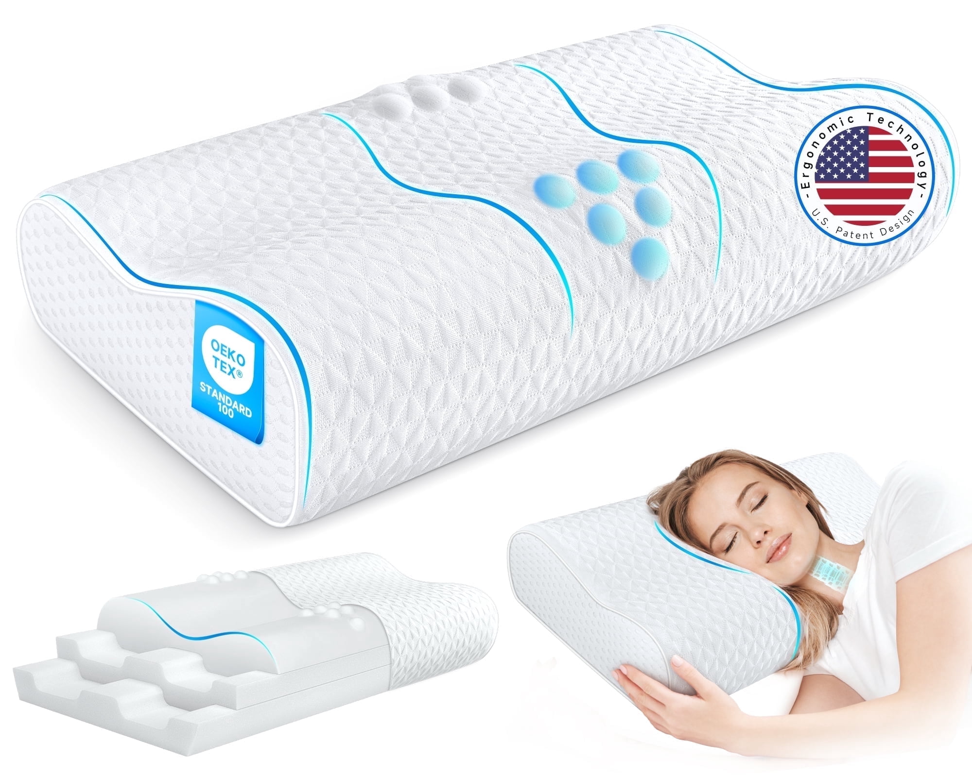 Bed Pillow, Cervical Pillow for Neck Pain Relief, Memory Foam Neck Pillow for Sleeping, Contour Cooling Pillow for Side Sleeper, Adjustable Orthopedic Sandwich Pillow