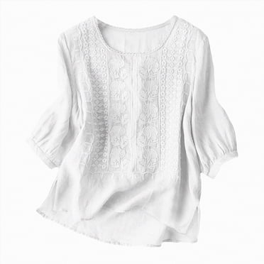 WUANDIXFA Womens Long Sleeve Tops Linen Shirts for Women Retro Embroidery Summer Loose 3/4 Sleeve Tshirts Tunic Tops Casual Blouses Boho Clothes White,M