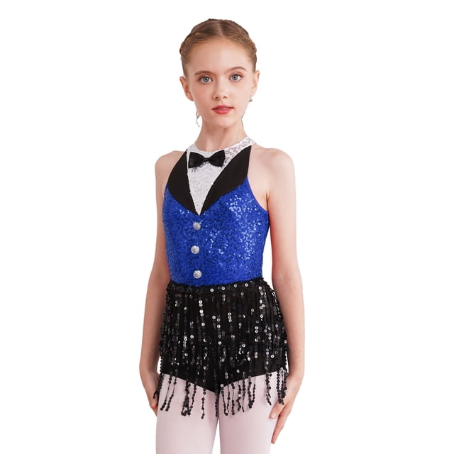 YONGHS Enfants Filles Paillettes Latin Jazz Robe de Danse à Franges Smoking Danse Moderne Justaucorps Combinaison Bleu 10