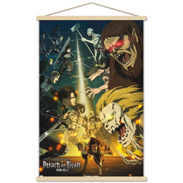 Attack on Titan : Saison 4 - Affiche Murale Visuelle Clé 3 avec Cadre Magnétique, 22,375 Pouces x 34 Pouces Représentant une Scène d'Anime Détaillée de Soldats Utilisant un Équipement de Manœuvre pour Combattre des titans Autour d'Une Tour à Picots Lumineuse. l'Affiche Mettant en Vedette des titans aux Yeux Lumineux, Incluant un Grand Titan aux Yeux Rouges et un Titan au Crâne Semblable à un Lion. Imprimée sur Papier Lustré aux Couleurs Vibrantes et Encadrée