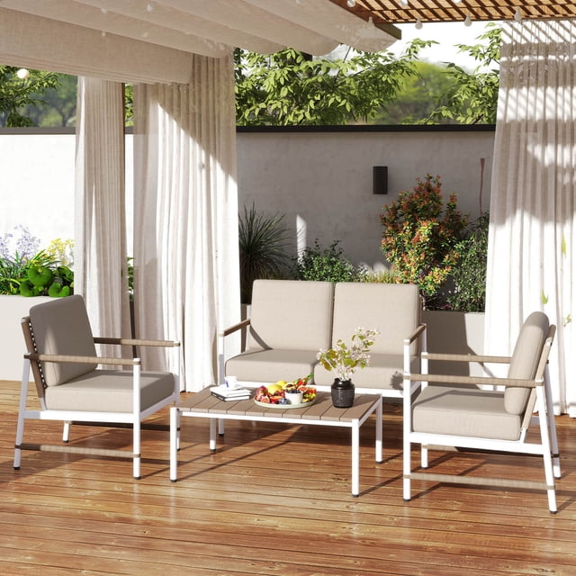 Costway Ensemble de Mobilier de Patio 4 Pcs Causeuse de Patio Canapé avec une Table à Café 2 Fauteuils Simples