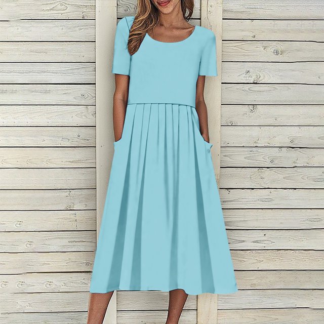 Robes d'Été pour Femmes 2025 Zeophrasy Robe de Vacances Décontractée pour Femmes, Fête, Quotidien, Plissée, Col Rond, Unie, Manches Courtes, avec Poche, Liquidation à Moins de 5