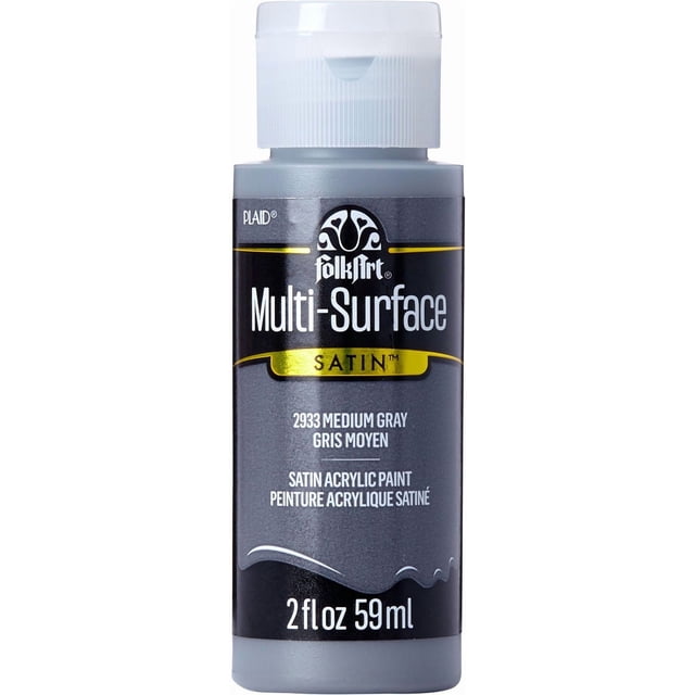 FolkArt Multi-Surface Satin Acrylic Paint 2 fl. oz. (59 ml) in medium gray with a satin finish, suitable for use on wood, canvas, glass, fabric, and ceramics, ideal for detailed craft and DIY projects.