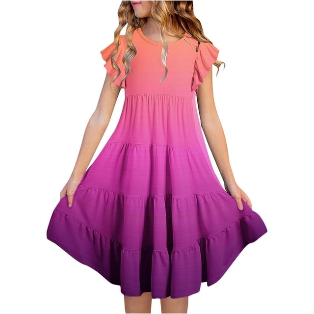 FhsagQ Robes Filles Été Dégradé Col Rond Manches Volantées Ligne à Étages Robe Décontractée Respirante Confortable Robe Ludique pour Enfants Tout-Petits Fête d'Anniversaire Tenue Quotidienne 8-9 Ans