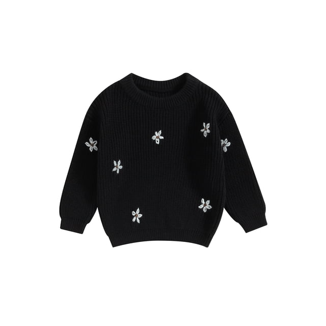 Fortune Chandail Floral pour Bébé Fille, Chandail Tricoté à Manches Longues, Hauts Chauds d'Automne et d'Hiver pour Nourrisson en Noir. Comprend un Col Ras du Cou, des Manches Longues et des Motifs de Fleurs Blanches Brodés. Fait d'Un Doux Mélange de Fibres Acryliques, de chinlon et de PBT pour la Chaleur et le Confort. Idéal pour les Vêtements de Bébé Fille, les Tenues d'Hiver et les occasions Décontractées. Convient aux Nourrissons de 0 à 24 Mois.