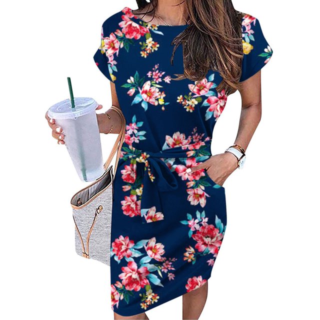 Robe Grande Taille Femme Décontractée Col Rond Bretelles Manches Courtes Imprimé Floral Robe Ample avec Poches Robe d'Été Tunique Hauts pour Femmes Coupe Ample Chic en Liquidation