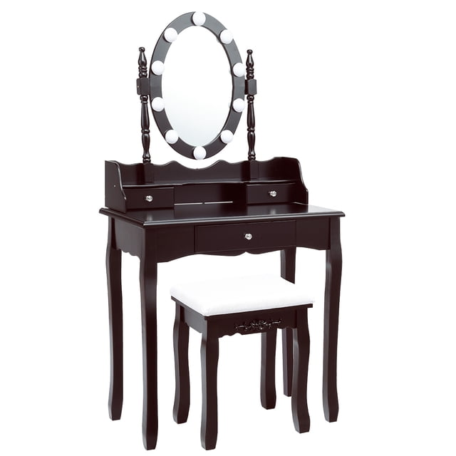 Patiojoy Ensemble de Coiffeuse Miroir, Commode de Maquillage Éclairée avec Tiroirs en Brun. Cet Ensemble de Coiffeuse Élégant Présente une construction en MDF de Qualité P2 et en Pin, un Miroir Ovale avec 10 Ampoules DEL Réglables et Trois Tiroirs Spacieux pour le Rangement. Comprend un Tabouret Rembourré avec Détails Sculptés. Convient pour Servir de Coiffeuse Ou de Bureau d'Écriture Lorsque le Miroir Est Enlevé. Dimensions : 29,5 Pouces de long, 16 Pouces de Large et 56,5 Pouces de Haut.