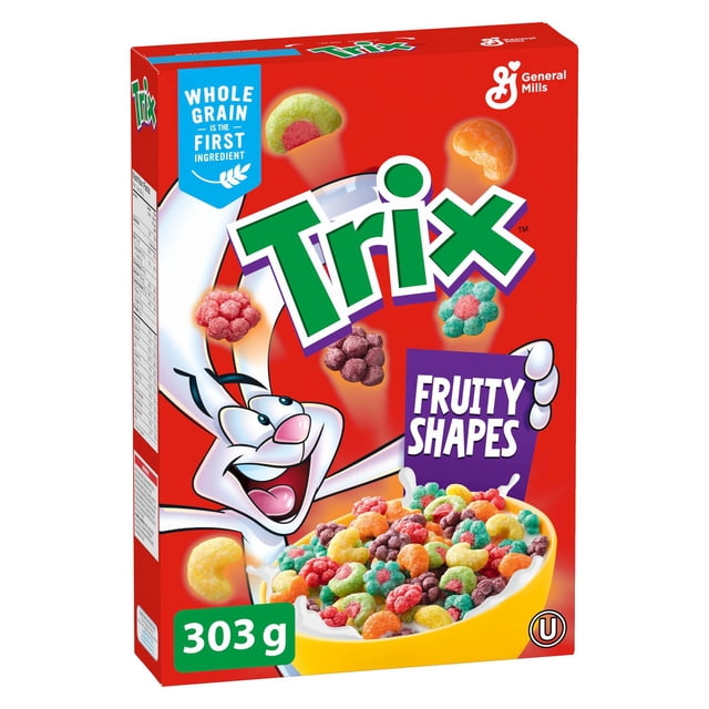 General Mills Trix Cereal Fruity Shapes box featuring colorful whole grain fruit-shaped cereal in a yellow bowl with milk, the Trix rabbit mascot on a red background, 303 grams net weight, ideal for breakfast or snacks.