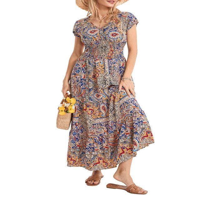 Robe de Plage Imprimée à Manches Courtes et Col V pour Femmes