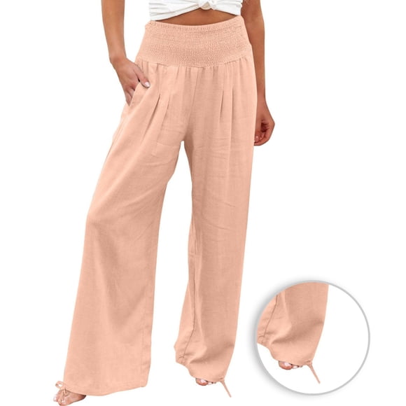 lcziwo Linen Pants for Women 2024,Women Summer High Waisted Cotton Linen Palazzo Pants Wide Leg Long Lounge Pant Trousers with Pocket,Pink,XL